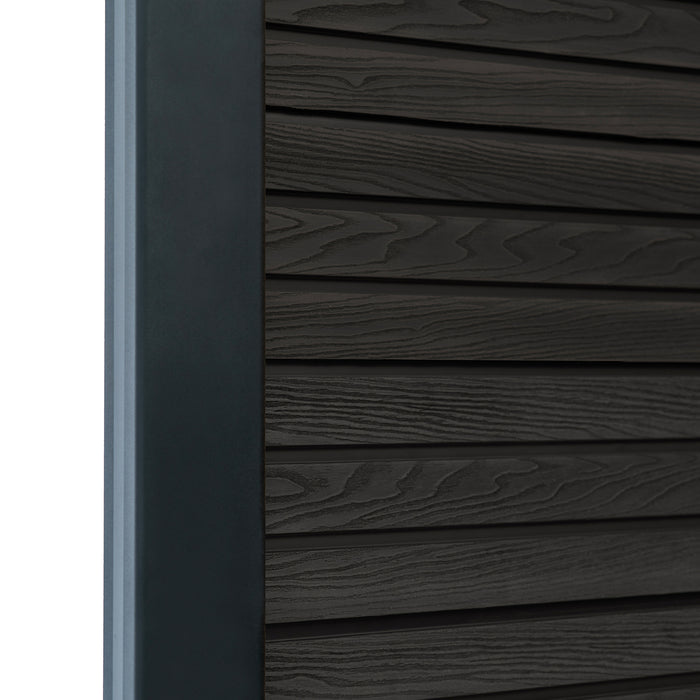 Select Living Group composite fencing angled close up product shot, Dark Grey Slatted fence panel with Aluminium posts
