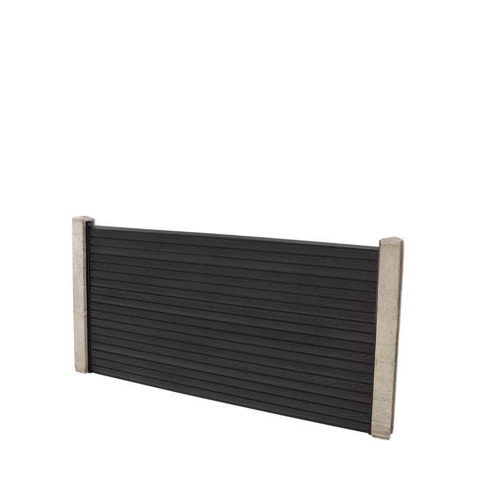 Select Living Group composite fencing full product shot, Dark Grey Flat fence panel with Concrete posts, height 0.9m