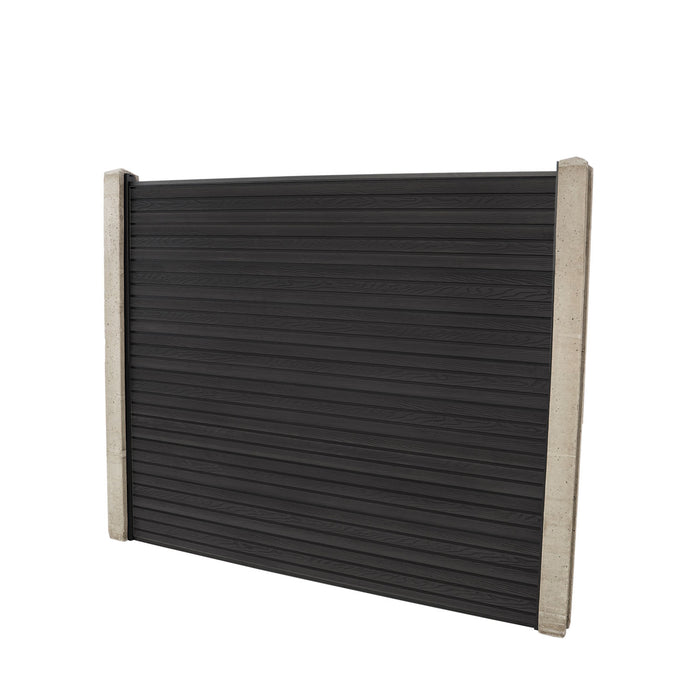 Select Living Group composite fencing full product shot, Dark Grey Flat fence panel with Concrete posts, height 1.5m