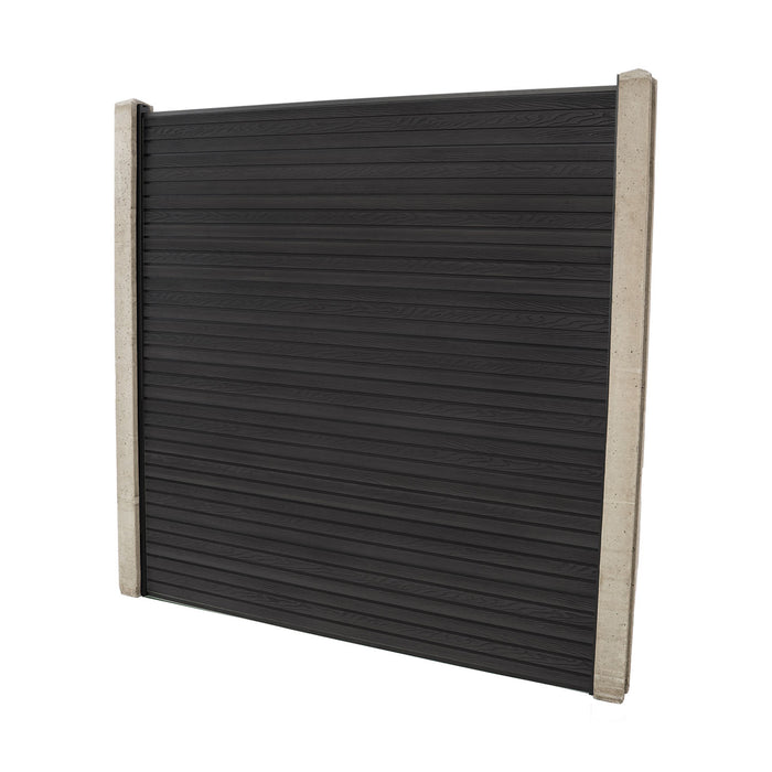 Select Living Group composite fencing full product shot, Dark Grey Flat fence panel with Concrete posts, height 1.8m