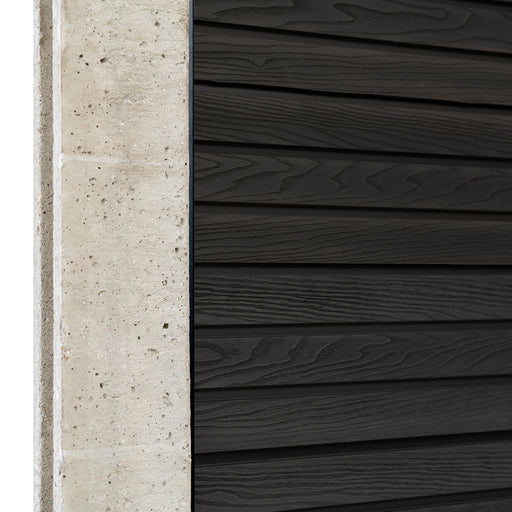 Select Living Group composite fencing angled close up product shot, Dark Grey Slatted fence panel with Concrete posts