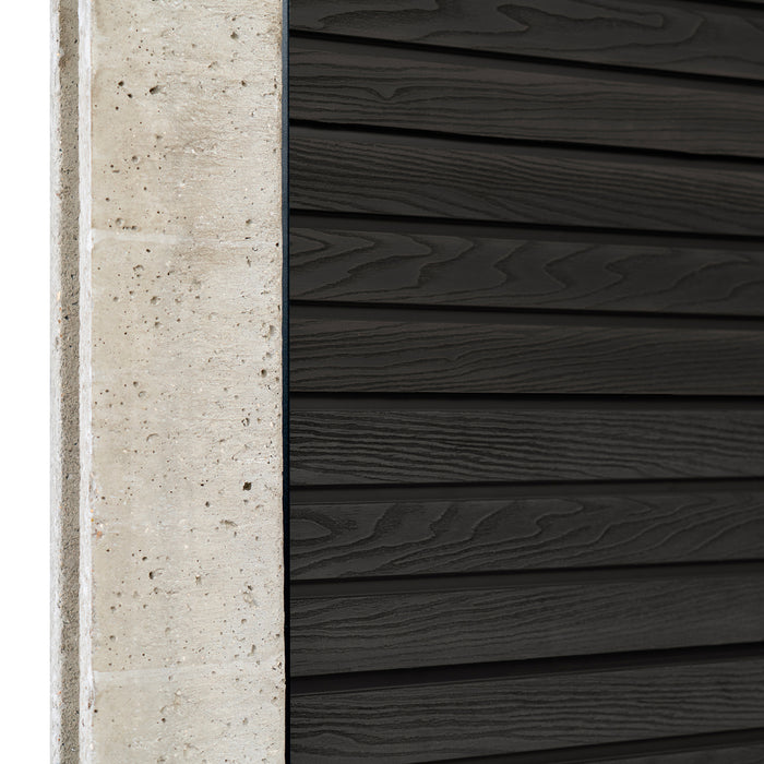 Select Living Group composite fencing angled close up product shot, Dark Grey Slatted fence panel with Concrete posts