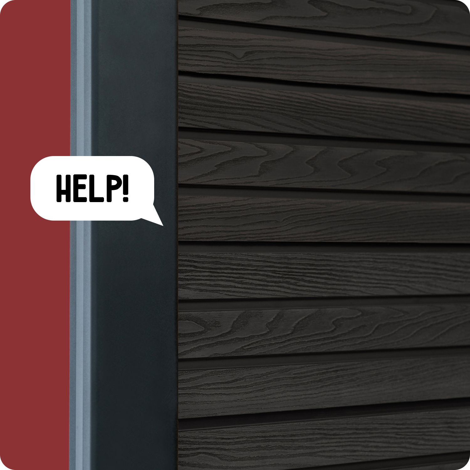 Select Living Group composite fencing angled close up product shot, Dark Grey Slatted fence panel with Aluminium posts with a little speech bubble saying 'Help!' as if the fence was talking