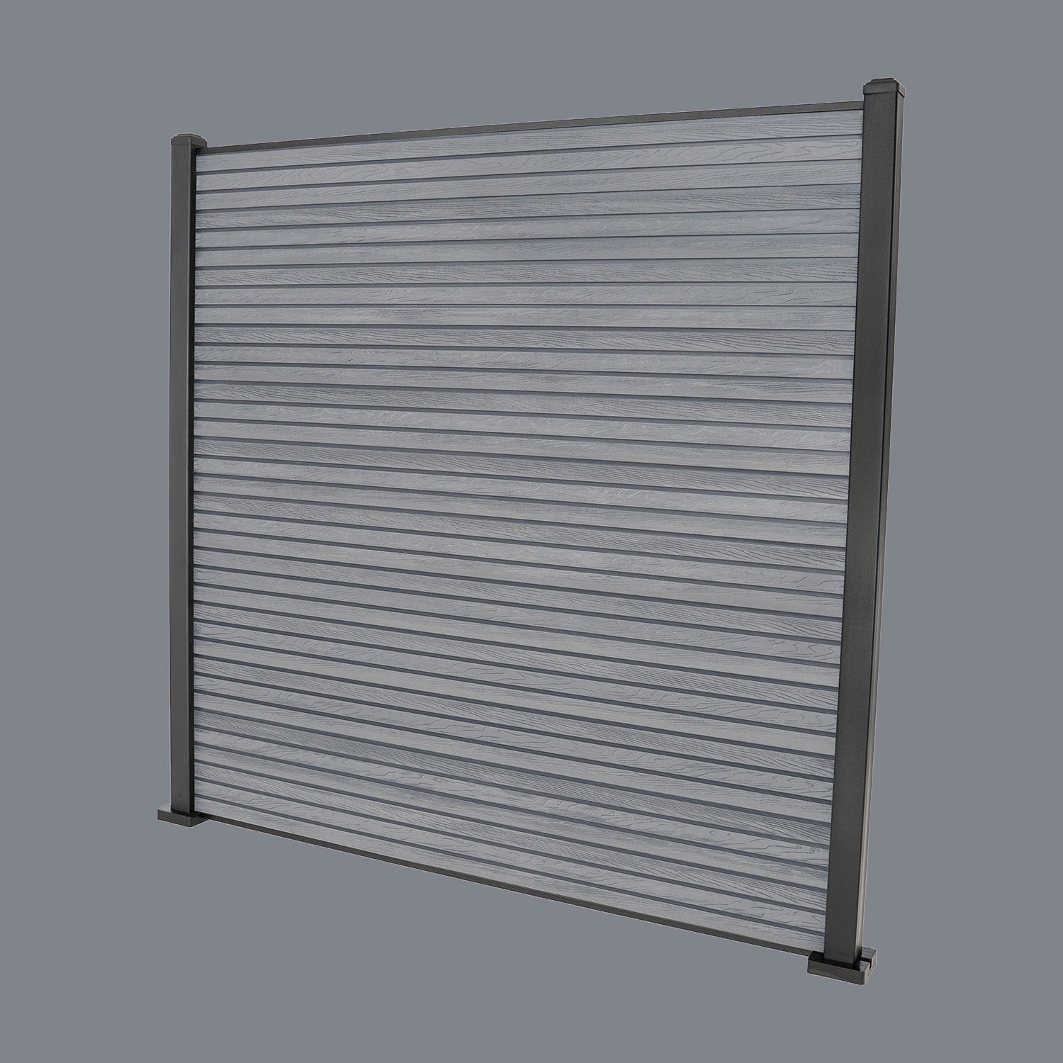 Select Living Group composite fencing full product shot, Light Grey Slatted fence panel with Aluminium posts, height 1.8m