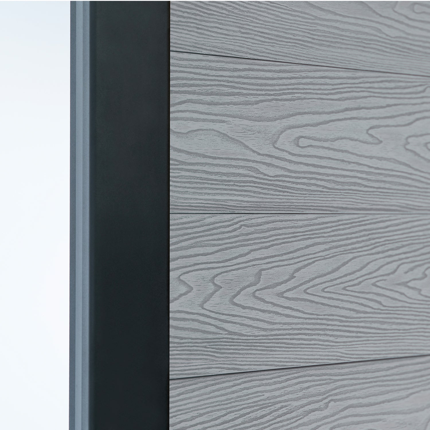 Select Living Group composite fencing angled close up product shot, Light Grey Flat fence panel with Aluminium posts