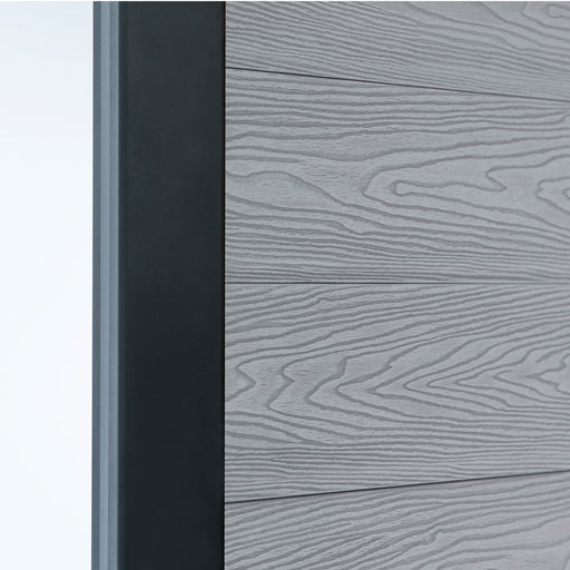 Select Living Group composite fencing angled close up product shot, Light Grey Flat fence panel with Aluminium posts