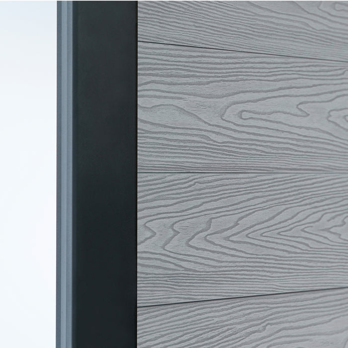 Select Living Group composite fencing angled close up product shot, Light Grey Flat fence panel with Aluminium posts