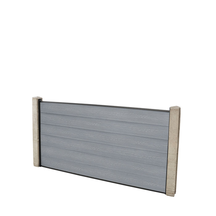 Select Living Group composite fencing full product shot, Light Grey Flat fence panel with Concrete posts, height 0.9m