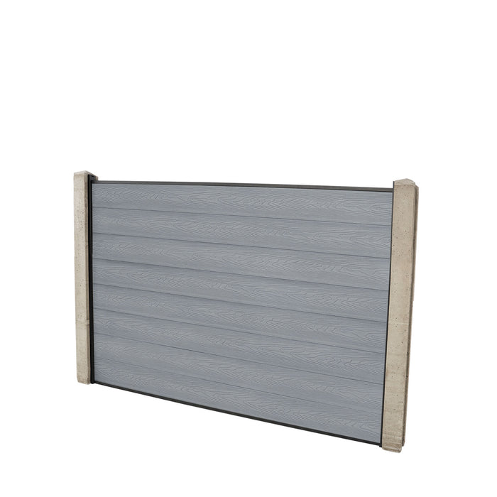 Select Living Group composite fencing full product shot, Light Grey Flat fence panel with Concrete posts, height 1.2m