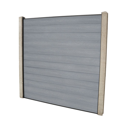 Select Living Group composite fencing full product shot, Light Grey Flat fence panel with Concrete posts, height 1.8m