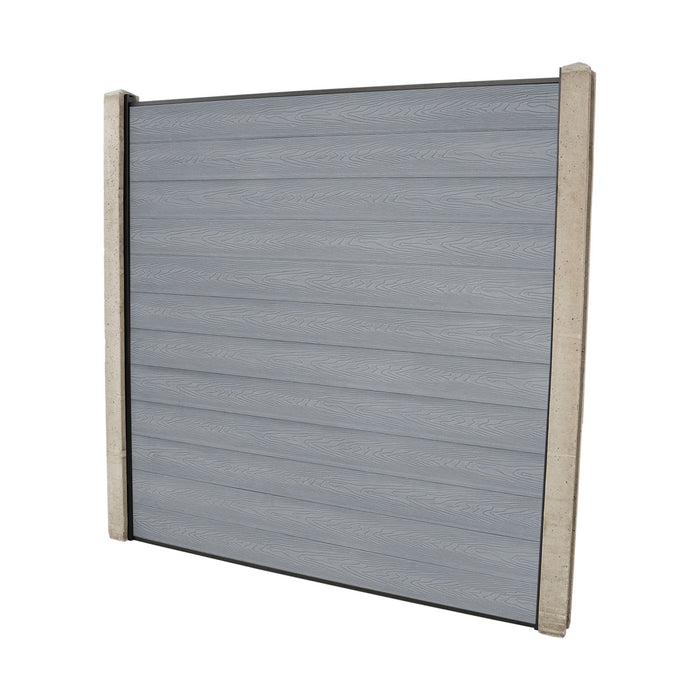 Select Living Group composite fencing full product shot, Light Grey Flat fence panel with Concrete posts, height 1.8m
