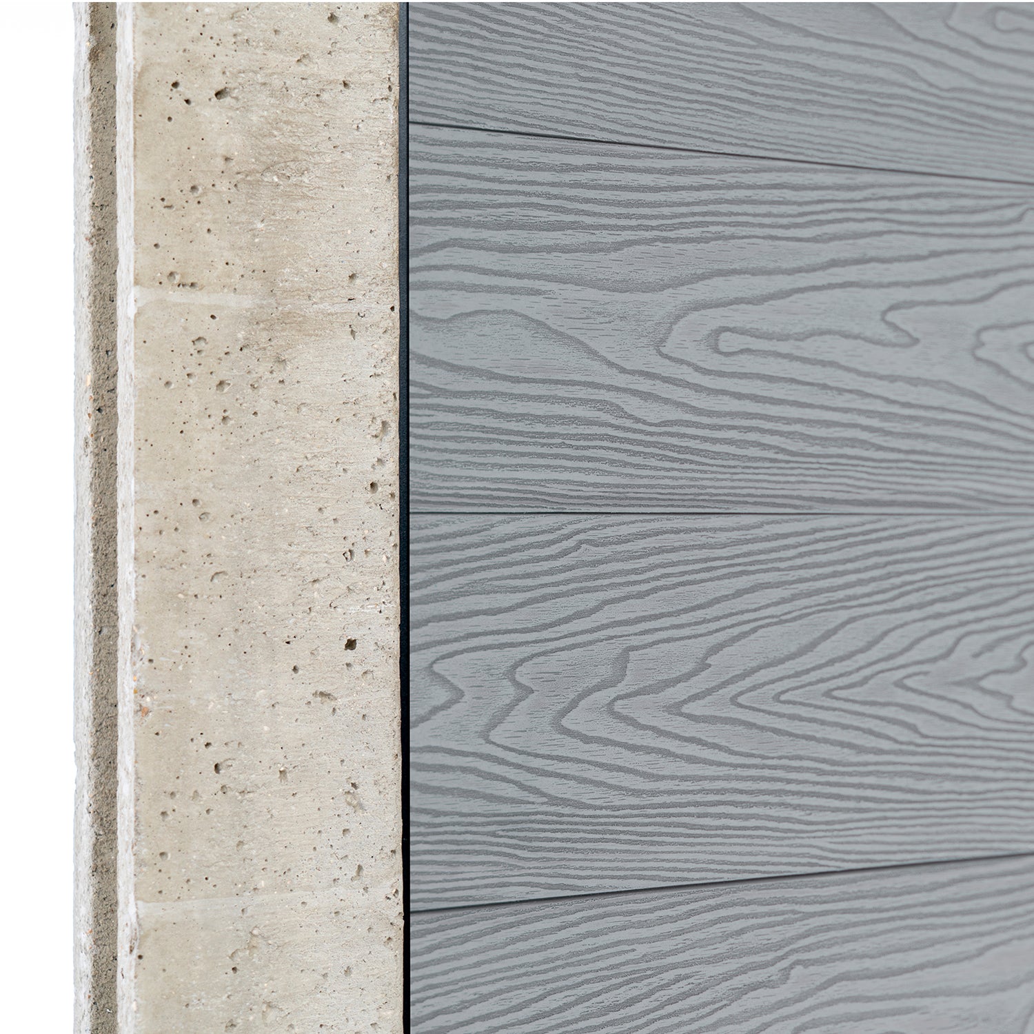 Select Living Group composite fencing angled close up product shot, Light Grey Flat fence panel with Concrete posts