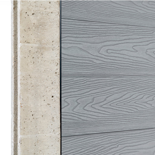 Select Living Group composite fencing angled close up product shot, Light Grey Flat fence panel with Concrete posts