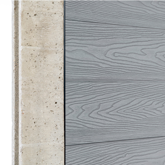 Select Living Group composite fencing angled close up product shot, Light Grey Flat fence panel with Concrete posts