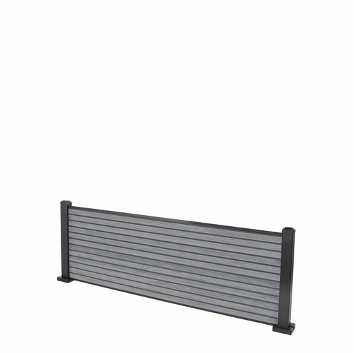 Select Living Group composite fencing full product shot, Light Grey Slatted fence panel with Aluminium posts, height 0.6m