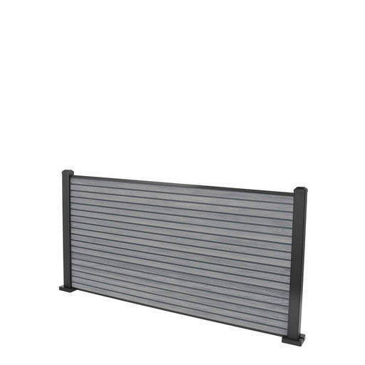 Select Living Group composite fencing full product shot, Light Grey Slatted fence panel with Aluminium posts, height 0.9m