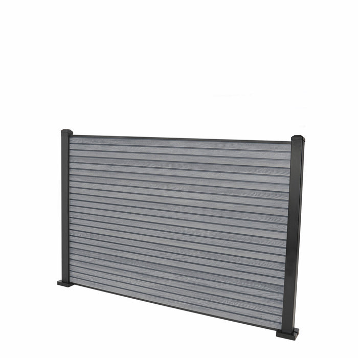 Select Living Group composite fencing full product shot, Light Grey Slatted fence panel with Aluminium posts, height 1.2m