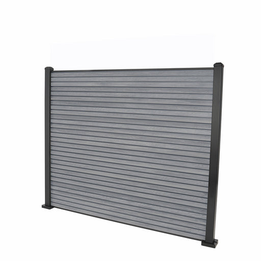 Select Living Group composite fencing full product shot, Light Grey Slatted fence panel with Aluminium posts, height 1.5m