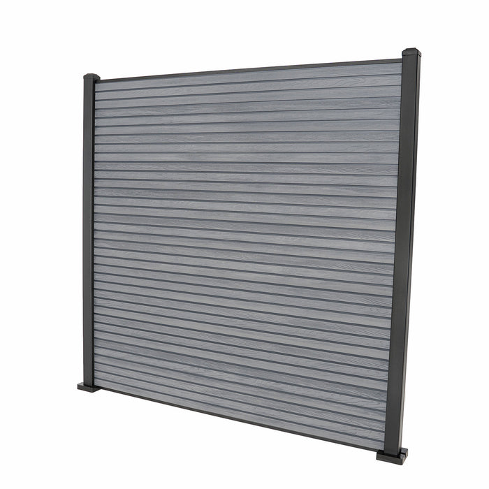 Select Living Group composite fencing full product shot, Light Grey Slatted fence panel with Aluminium posts, height 1.8m