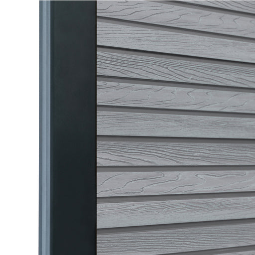 Select Living Group composite fencing angled close up product shot, Light Grey Slatted fence panel with Aluminium posts