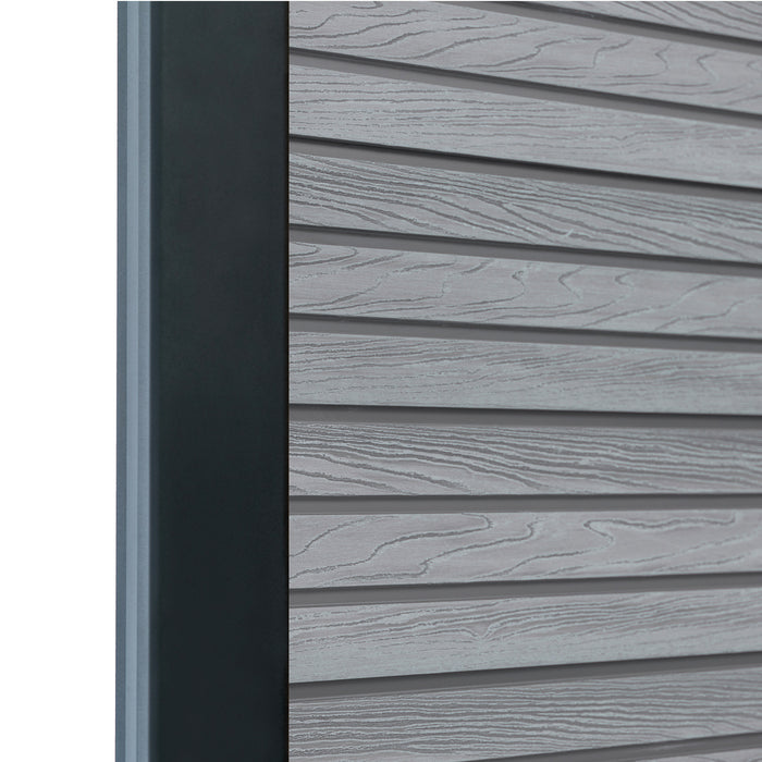 Select Living Group composite fencing angled close up product shot, Light Grey Slatted fence panel with Aluminium posts