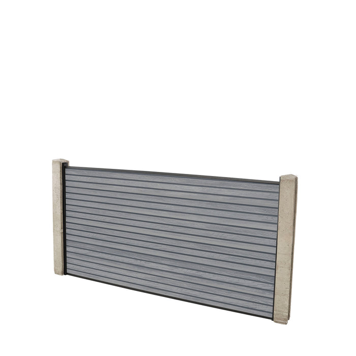 Select Living Group composite fencing full product shot, Light Grey Slatted fence panel with Concrete posts, height 0.9m