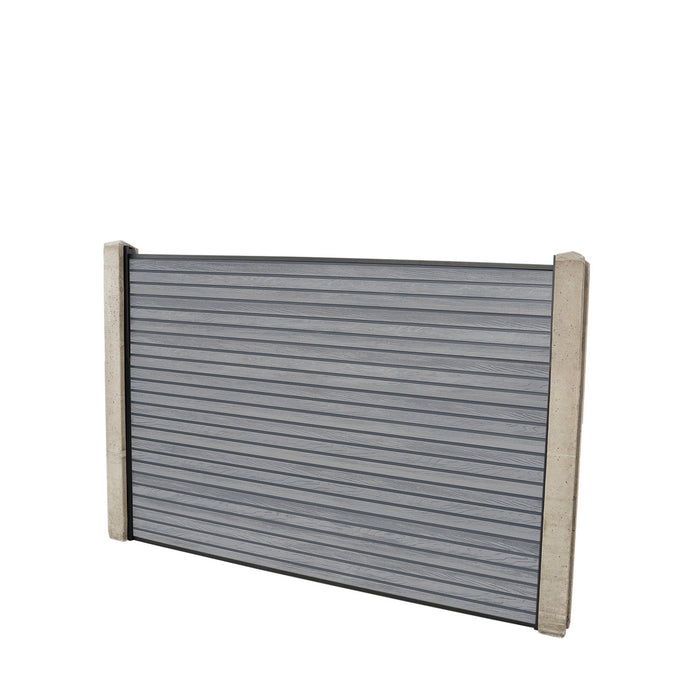 Select Living Group composite fencing full product shot, Light Grey Slatted fence panel with Concrete posts, height 1.2m
