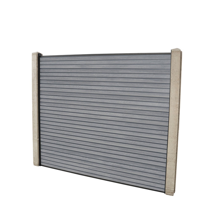 Select Living Group composite fencing full product shot, Light Grey Slatted fence panel with Concrete posts, height 1.5m