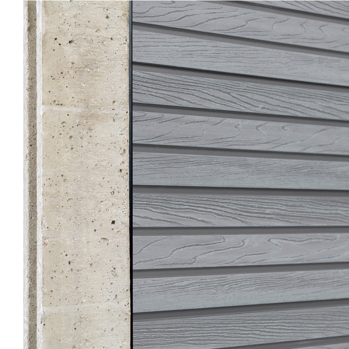 Select Living Group composite fencing angled close up product shot, Light Grey Slatted fence panel with Concrete posts
