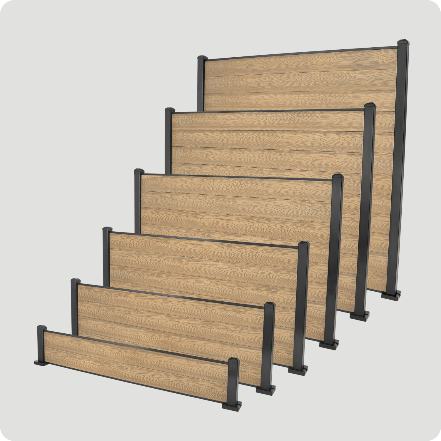 Select Living Group composite fencing full product shot, Teak Flat fence panel with Aluminium posts, in all available heights - 1.8m, 1.5m, 1.2m, 0.9m, 0.6m, 0.3m