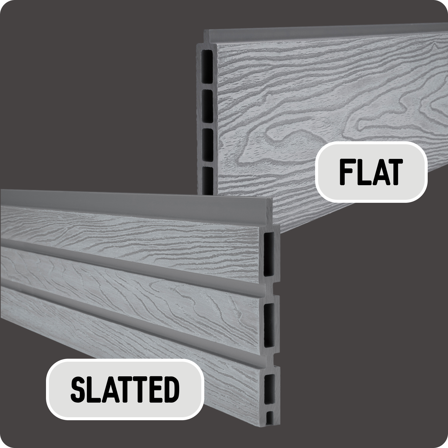 Select Living Group composite fencing Light Grey singular board product shots for comparison of the two different styles:  Flat (top) and Slatted (Bottom)