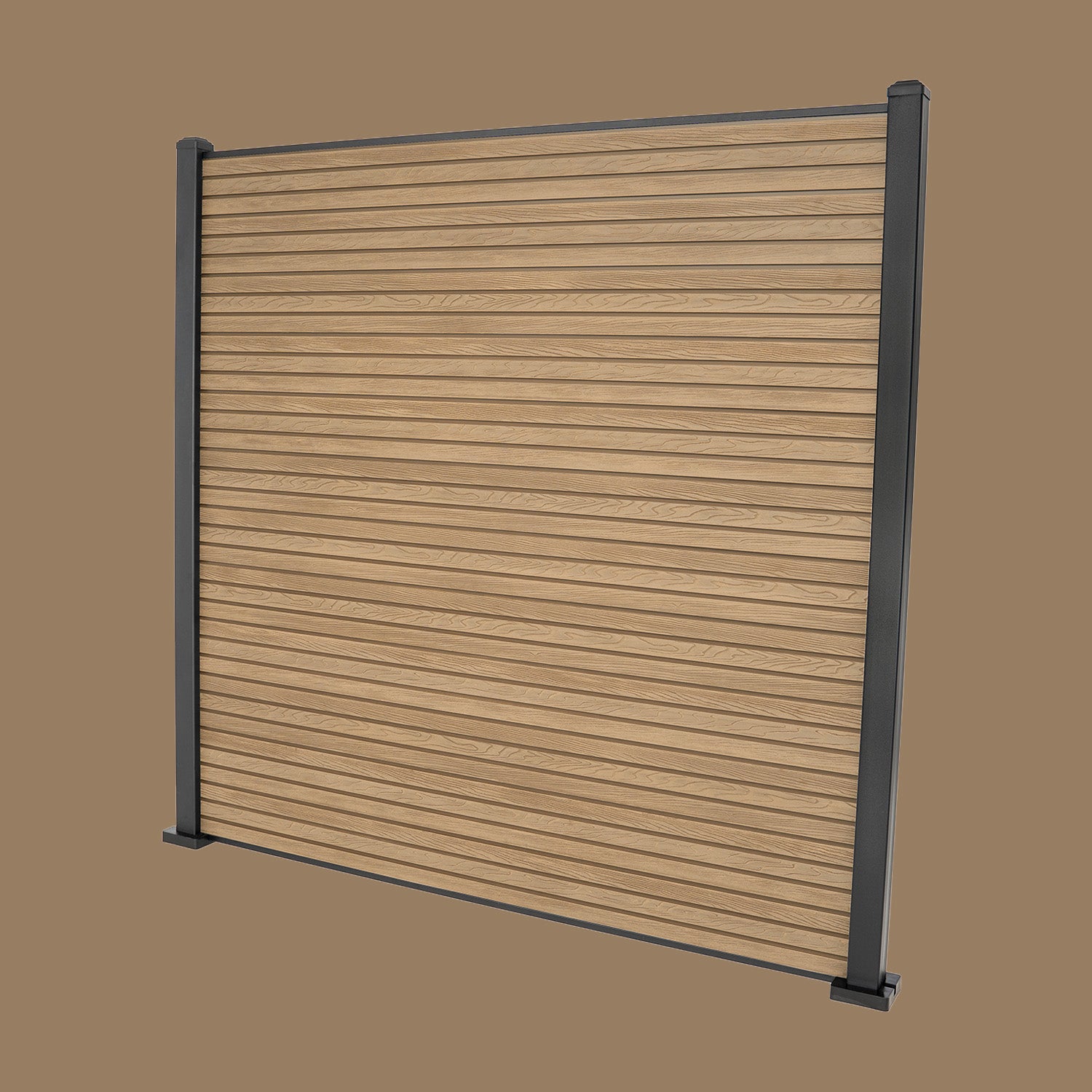Select Living Group composite fencing full product shot, Teak Slatted fence panel with Aluminium posts, height 1.8m