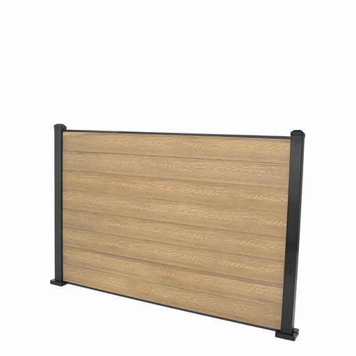 Select Living Group composite fencing full product shot, Teak Flat fence panel with Aluminium posts, height 1.2m