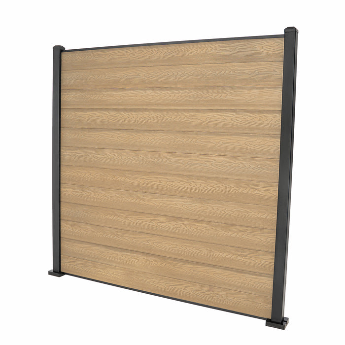 Select Living Group composite fencing full product shot, Teak Flat fence panel with Aluminium posts, height 1.8m