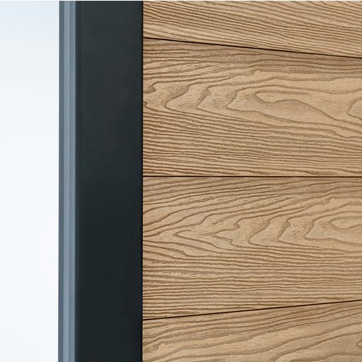 Select Living Group composite fencing angled close up product shot, Teak Flat fence panel with Aluminium posts