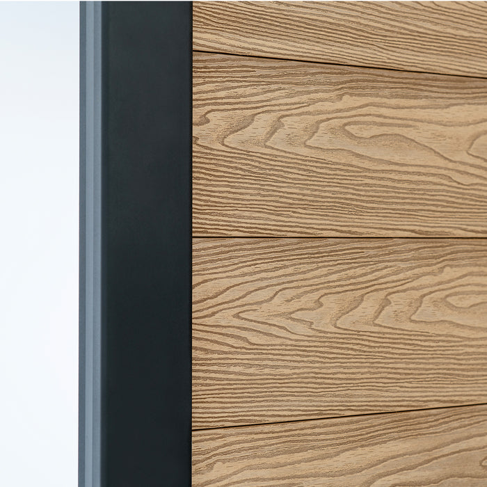 Select Living Group composite fencing angled close up product shot, Teak Flat fence panel with Aluminium posts