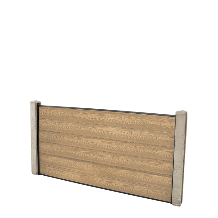 Select Living Group composite fencing full product shot, Teak Flat fence panel with Concrete posts, height 0.9m