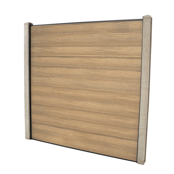 Select Living Group composite fencing full product shot, Teak Flat fence panel with Concrete posts, height 1.8m