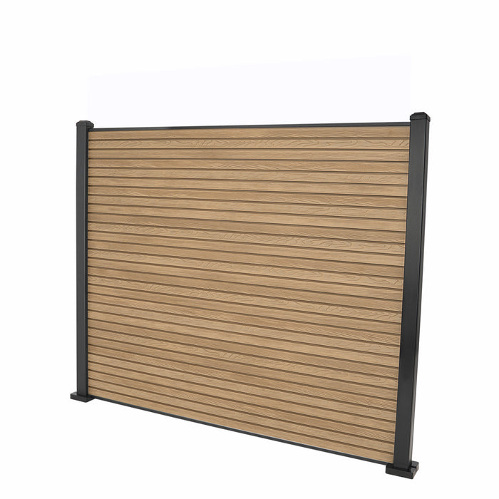 Select Living Group composite fencing full product shot, Teak Slatted fence panel with Aluminium posts, height 1.5m