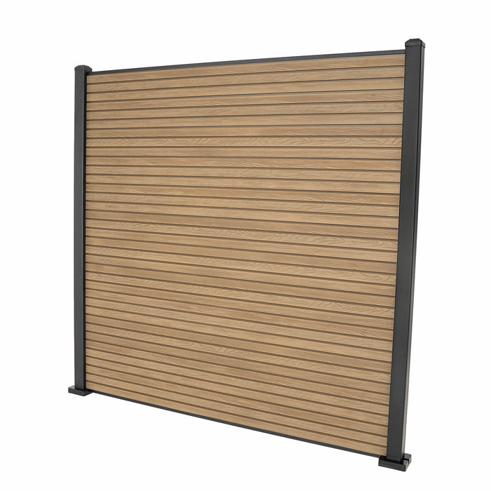 Select Living Group composite fencing full product shot, Teak Slatted fence panel with Aluminium posts, height 1.8m