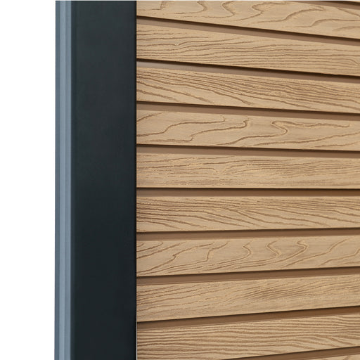 Select Living Group composite fencing angled close up product shot, Teak Slatted fence panel with Aluminium posts