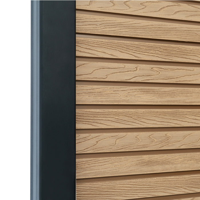 Select Living Group composite fencing angled close up product shot, Teak Slatted fence panel with Aluminium posts