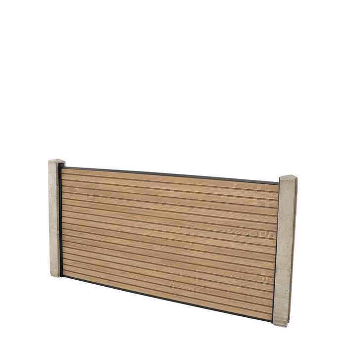 Select Living Group composite fencing full product shot, Teak Slatted fence panel with Concrete posts, height 0.9m