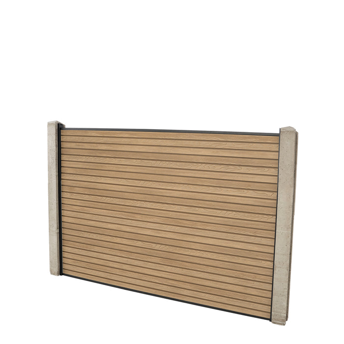 Select Living Group composite fencing full product shot, Teak Slatted fence panel with Concrete posts, height 1.2m