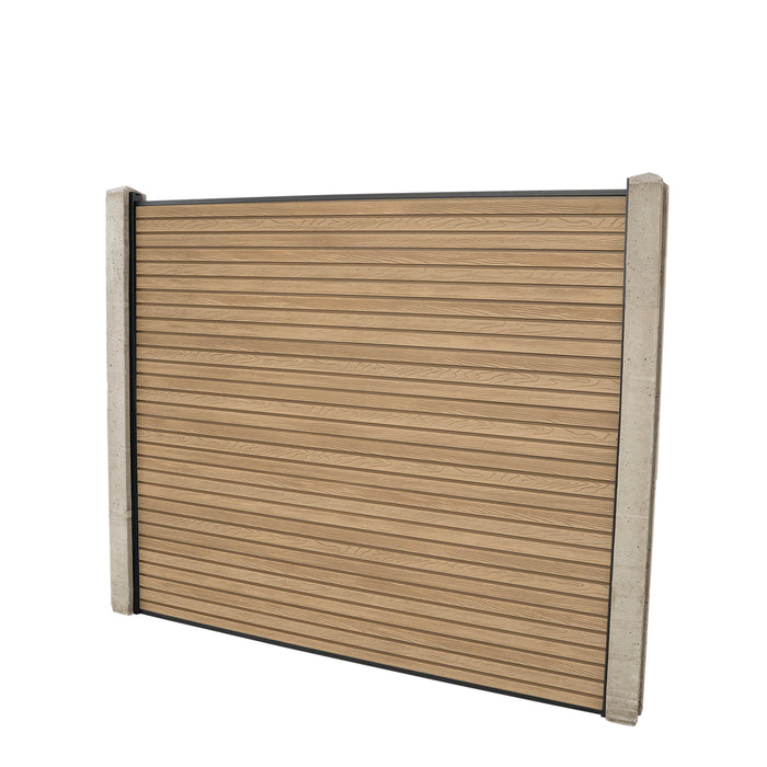 Select Living Group composite fencing full product shot, Teak Slatted fence panel with Concrete posts, height 1.5m