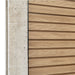 Select Living Group composite fencing angled close up product shot, Teak Slatted fence panel with Concrete posts